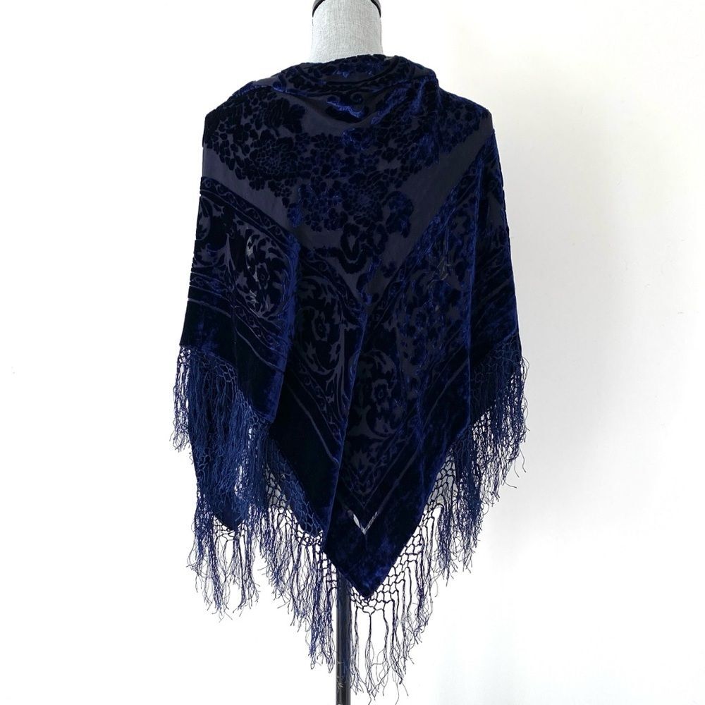 Navy Blue Silk Velvet Burnout Wrap Shawl Fringe Boho Western Party - Picture 6 of 14